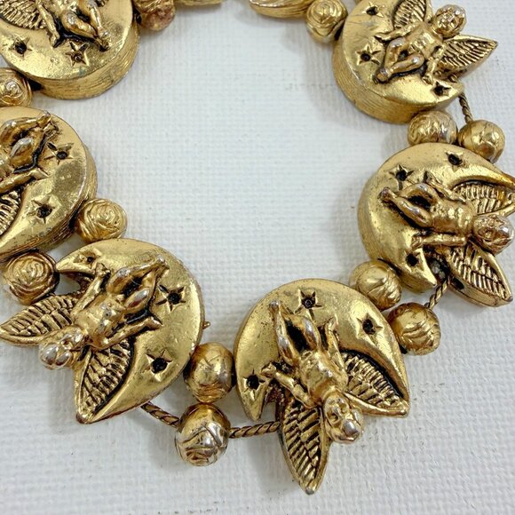 Vintage TOFA Gold Tone Charm Bracelets Lot Angels Moon Garden Tools Signed 1990s - Picture 3 of 11